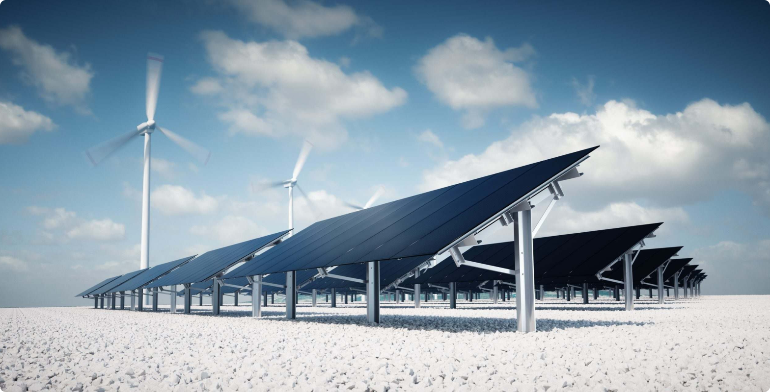 Solar farm with wind turbines